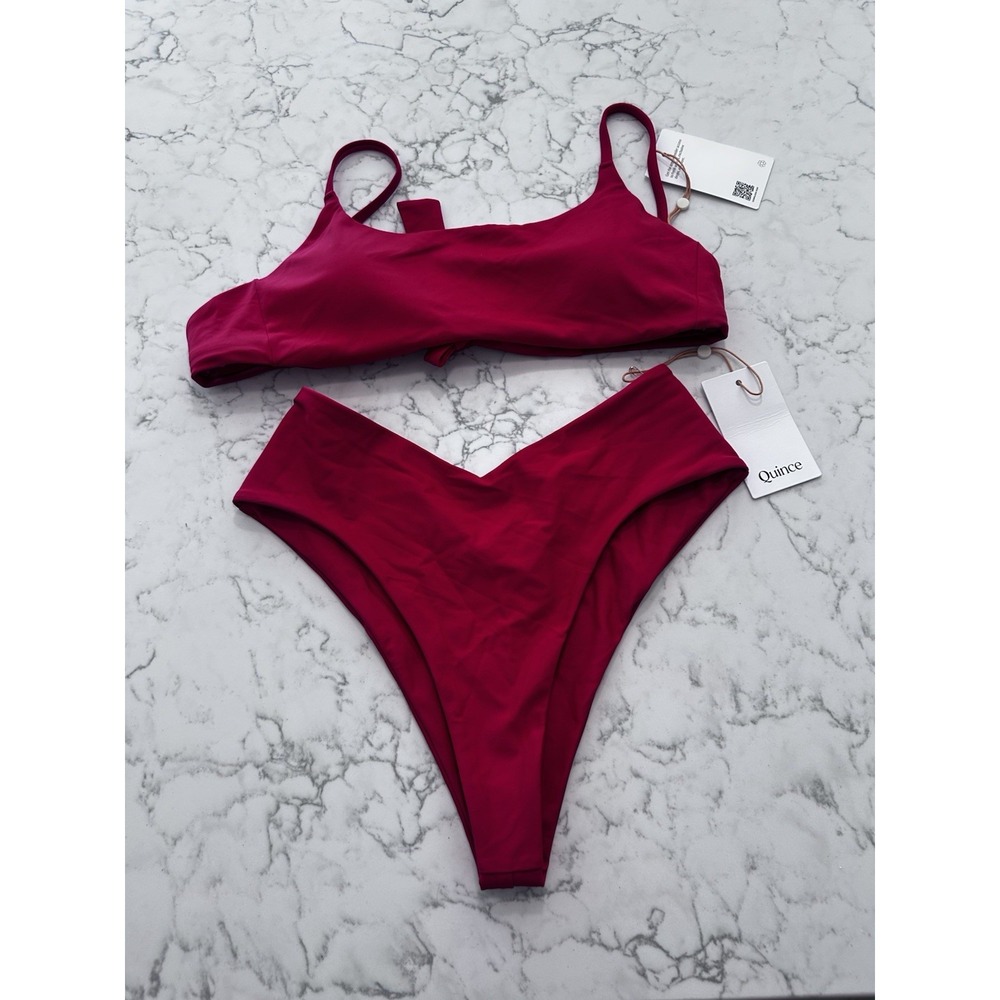 NWT Quince Cherry Red Italian Scoop Neck Bikini Top & V Cut High Leg Bottom Sml